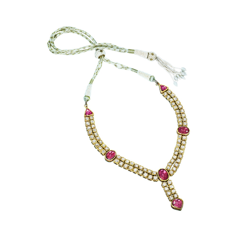 Polki Diamond Necklace Set with Deep Pink Gemstones and Drop